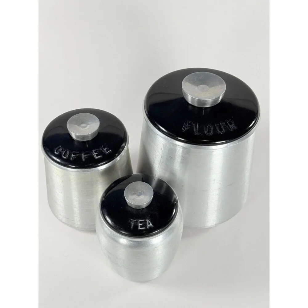 Vintage Kromex Spun Aluminum Canister Set Flour Coffee Tea 3-Piece Set With Lids